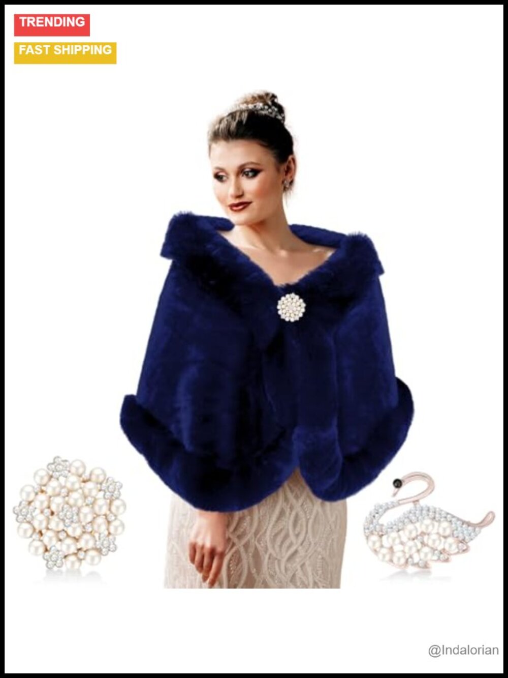 Faux Fur Shawl Wrap with 2 Rhinestone Brooches One Size Formal